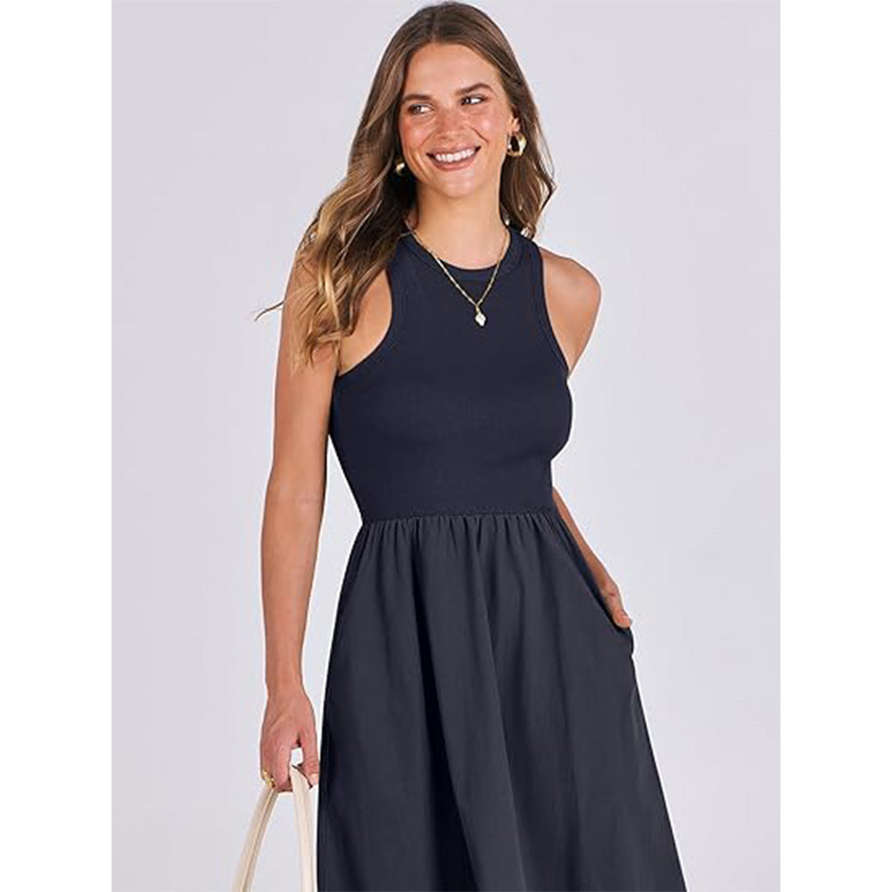 🌊Boho-Strandzauber! Patchwork-Strickkleid mit Geheimtaschen ✨ Racerback-Tankkleid 💫 Fließendes Midi-Sommerkleid | Sommer-Casual TikTok Viral
