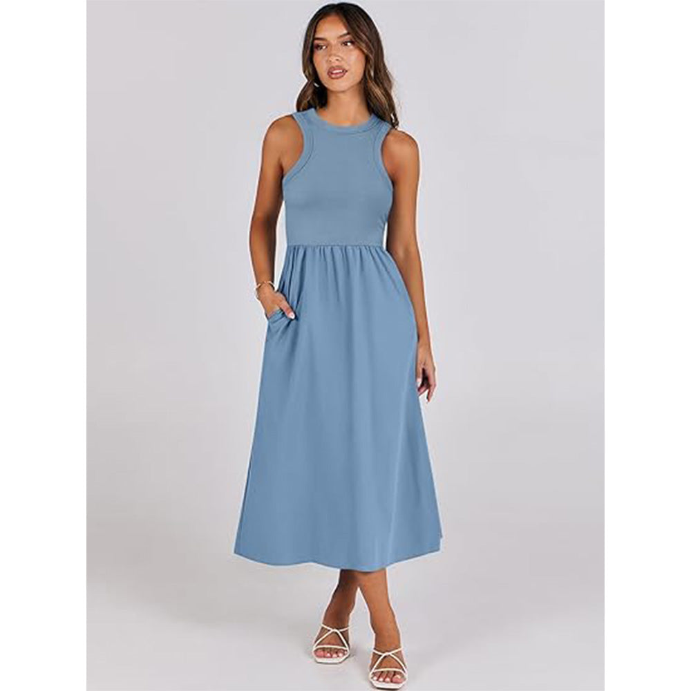 🌊Boho-Strandzauber! Patchwork-Strickkleid mit Geheimtaschen ✨ Racerback-Tankkleid 💫 Fließendes Midi-Sommerkleid | Sommer-Casual TikTok Viral