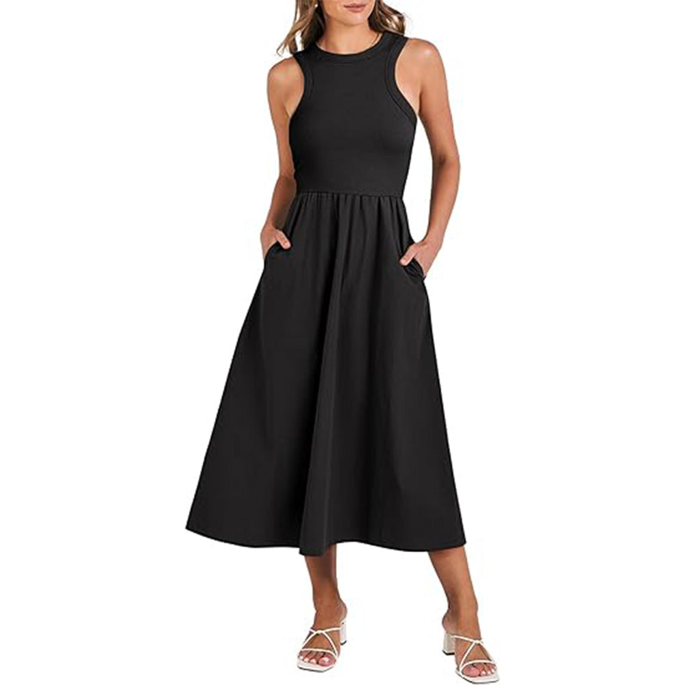 🌊Boho-Strandzauber! Patchwork-Strickkleid mit Geheimtaschen ✨ Racerback-Tankkleid 💫 Fließendes Midi-Sommerkleid | Sommer-Casual TikTok Viral