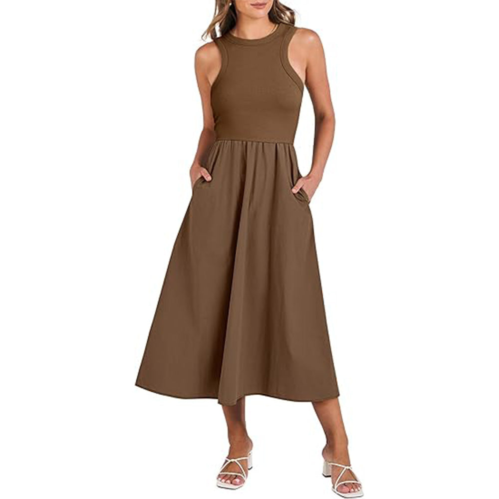 🌊Boho-Strandzauber! Patchwork-Strickkleid mit Geheimtaschen ✨ Racerback-Tankkleid 💫 Fließendes Midi-Sommerkleid | Sommer-Casual TikTok Viral