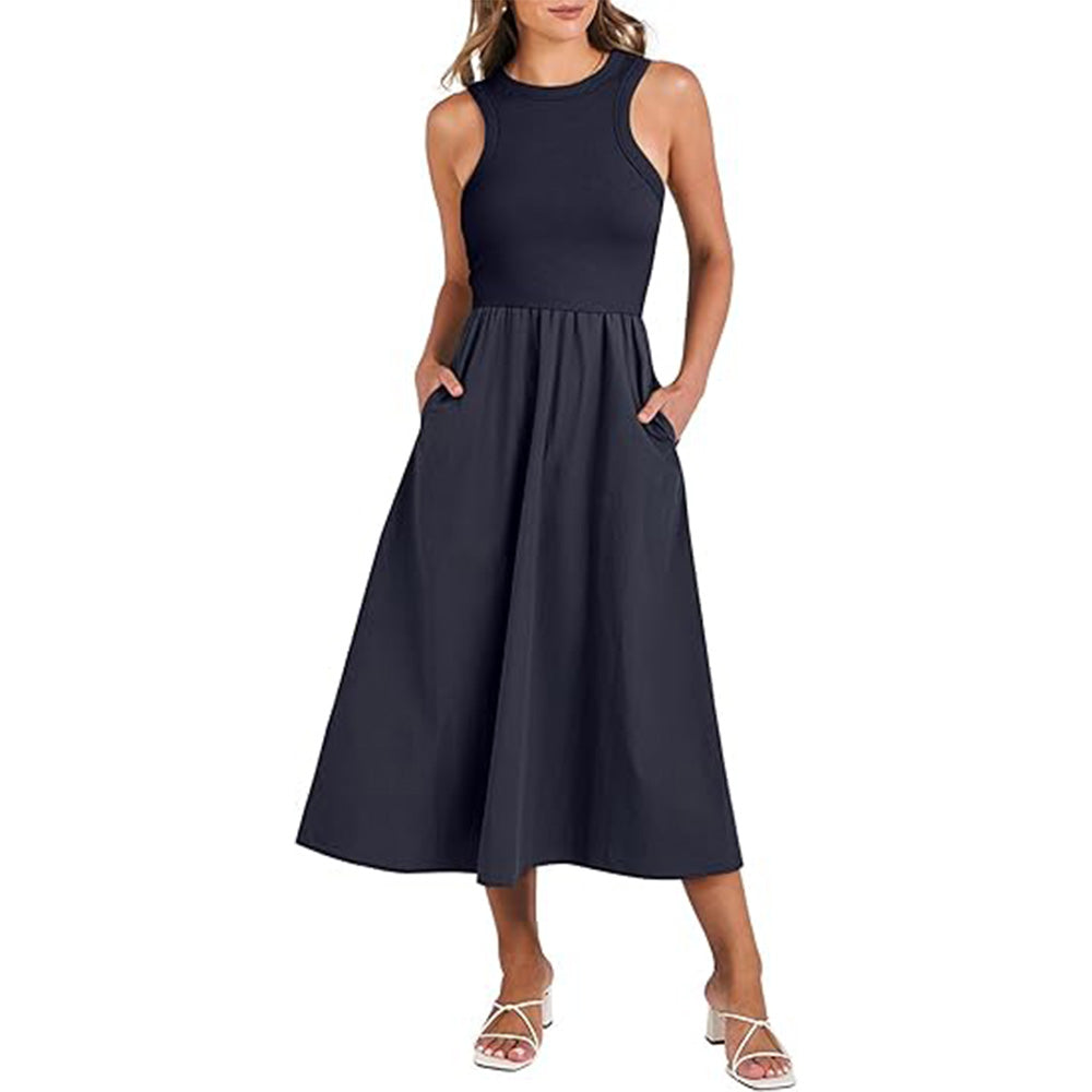 🌊Boho-Strandzauber! Patchwork-Strickkleid mit Geheimtaschen ✨ Racerback-Tankkleid 💫 Fließendes Midi-Sommerkleid | Sommer-Casual TikTok Viral