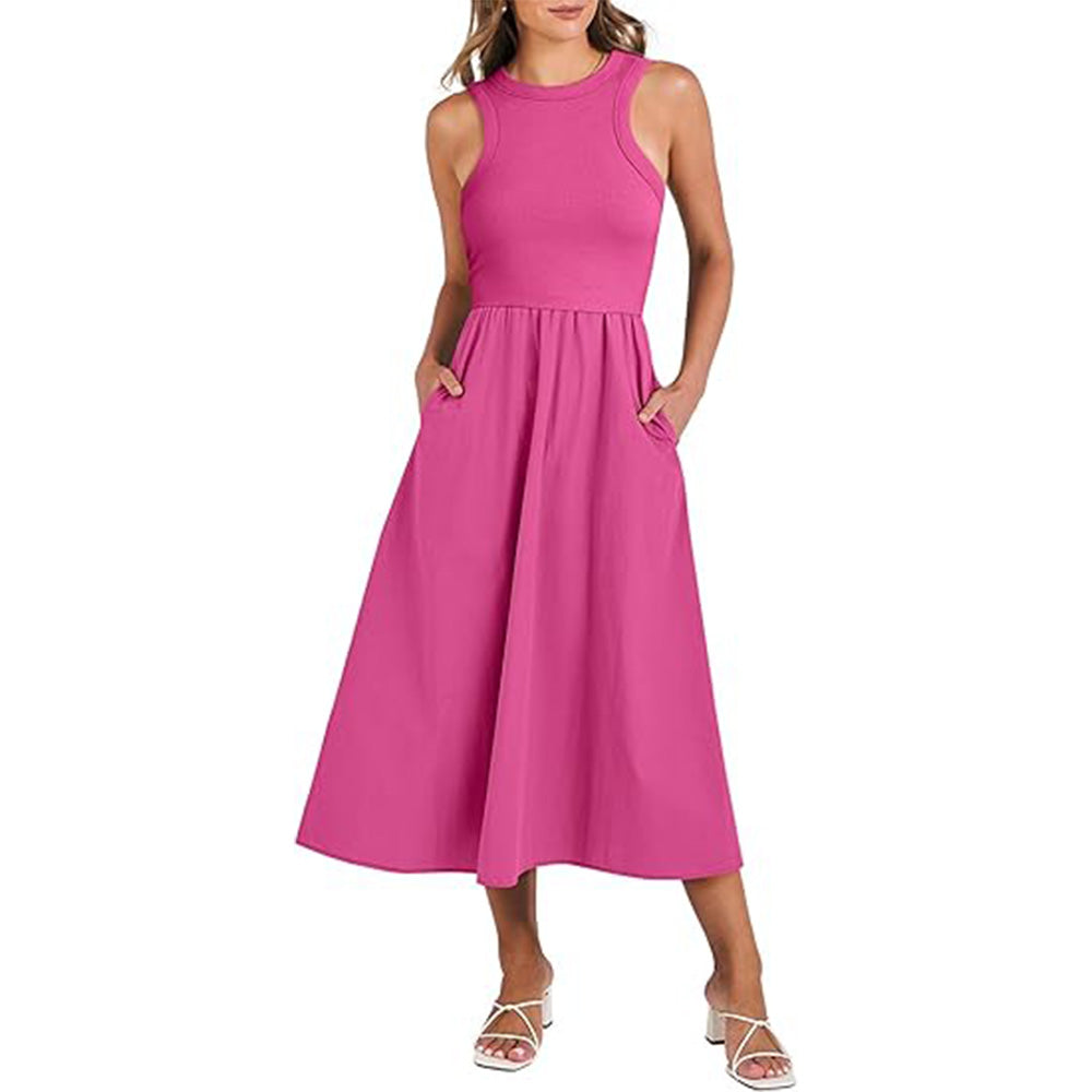🌊Boho-Strandzauber! Patchwork-Strickkleid mit Geheimtaschen ✨ Racerback-Tankkleid 💫 Fließendes Midi-Sommerkleid | Sommer-Casual TikTok Viral