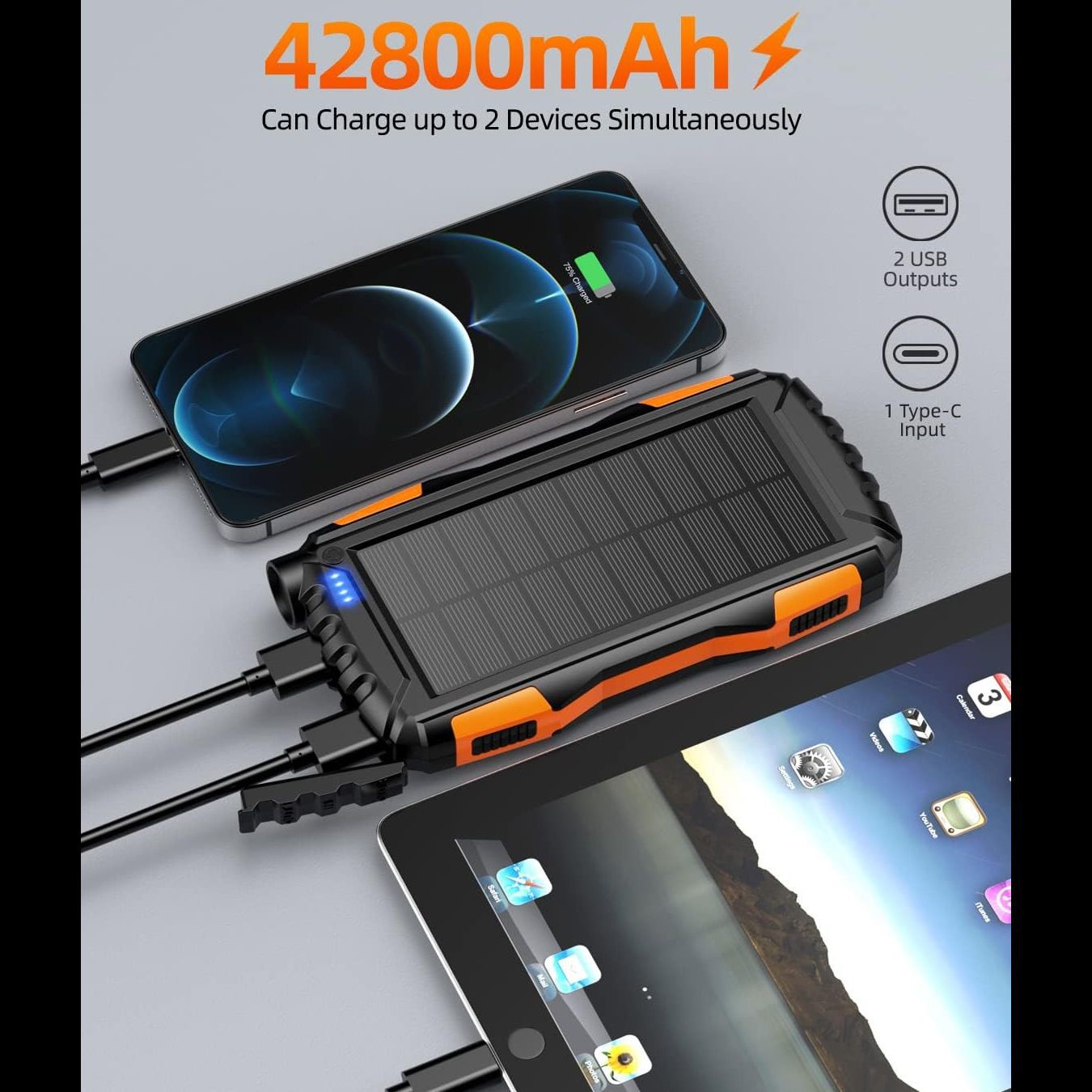 🔥Solar Charger 2025 | 42800mAh Solar Power Bank 3X Faster! QC3.0 Fast Charge & Super Bright Flashlight - Portable Charger for Camping/Emergency | TikTok's Top Pick⚡