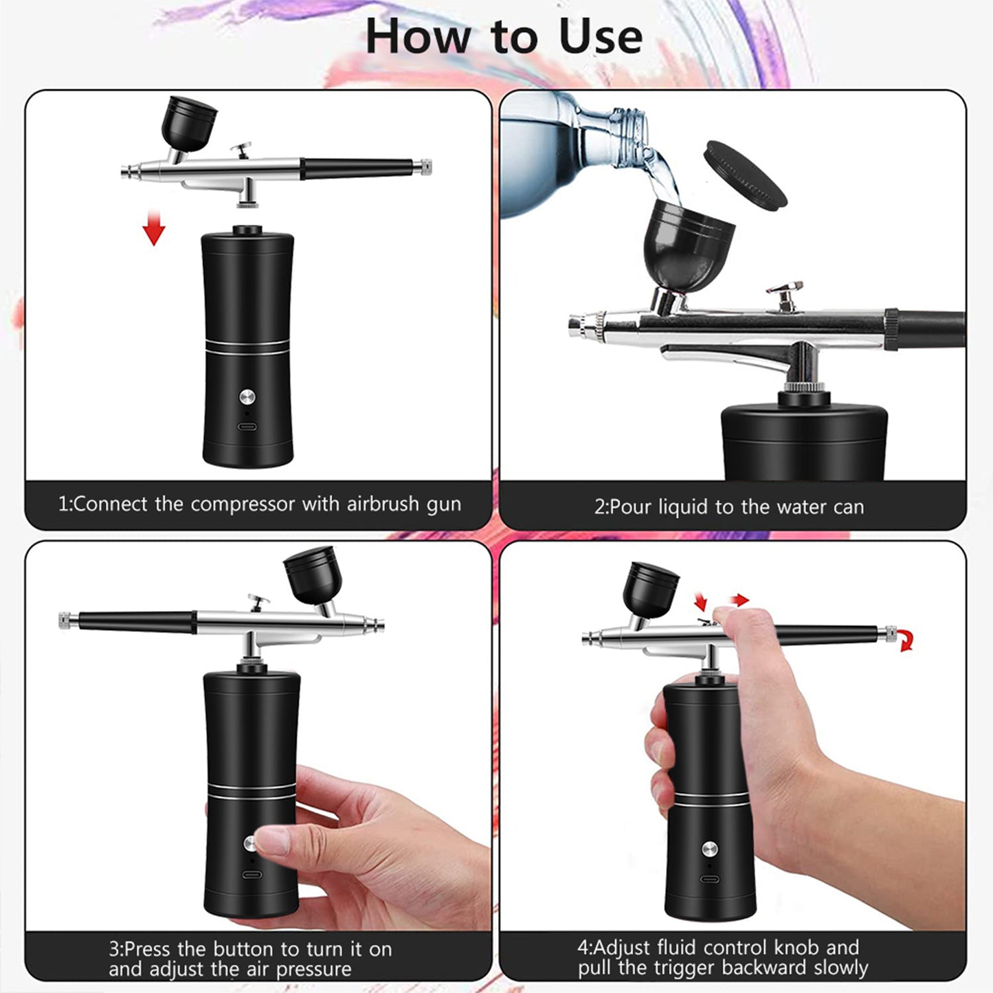 🎨🔥 Rechargeable Cordless Airbrush Kit 30PSI | 10-in-1 Pro Spray Gun⚡60 Min Runtime🌟【Nails/Cake/Barber】Portable Compressor for Makeup, Painting, Cookie Decor (Black)