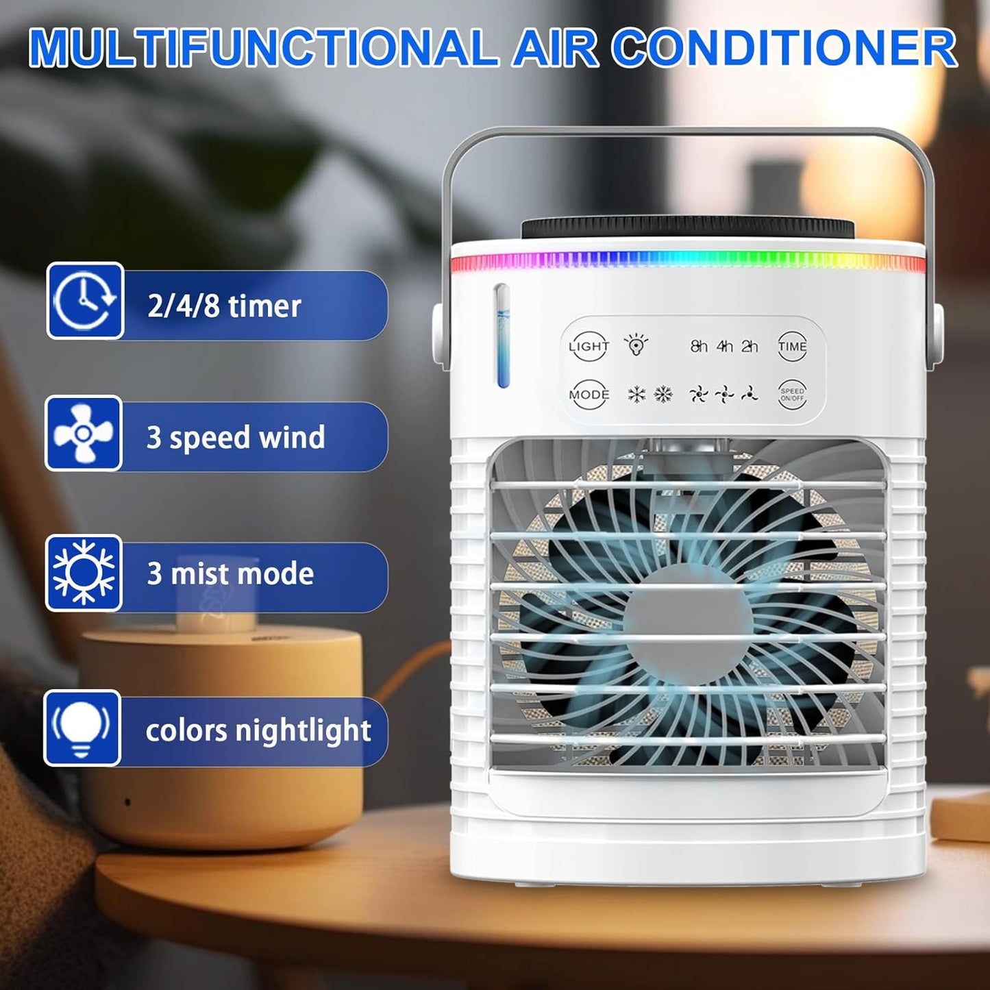❄️3D Ice-Cool Tech Portable AC🔥 3-Speed Desk Fan + 7-Color Mood Light✨ Car/Camping Mini Air Cooler with Mist & Timer | TikTok Viral Summer Must-Have