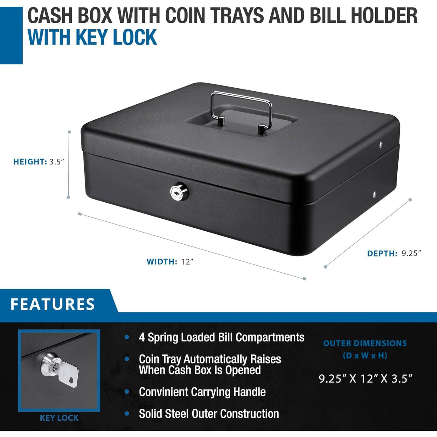 🔒🔥 Heavy-Duty Metal Cash Lock Box with Anti-Theft Design | 12" Secure Key Lock⚡Bank-Grade Steel🌟【Retail/Home/Events】Money Organizer for Bills/Coins - 800+ Bills Capacity