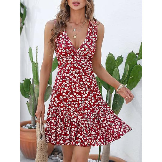 🔥Breezy & Flirty! V-Neck Wrap Dress w/ Deep Cutout✨ Sexy Beach Dress for Women💃 Summer Mini Dress | Floral Sundress TikTok Viral