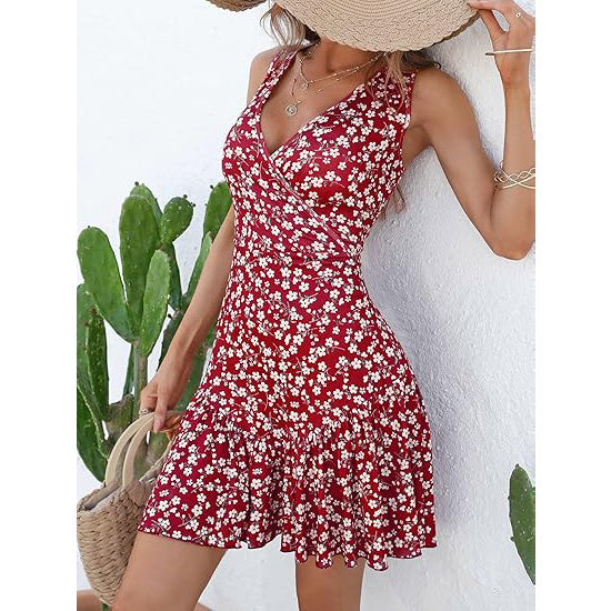 🔥Breezy & Flirty! V-Neck Wrap Dress w/ Deep Cutout✨ Sexy Beach Dress for Women💃 Summer Mini Dress | Floral Sundress TikTok Viral