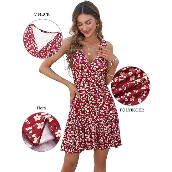 🔥Breezy & Flirty! V-Neck Wrap Dress w/ Deep Cutout✨ Sexy Beach Dress for Women💃 Summer Mini Dress | Floral Sundress TikTok Viral