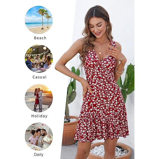 🔥Breezy & Flirty! V-Neck Wrap Dress w/ Deep Cutout✨ Sexy Beach Dress for Women💃 Summer Mini Dress | Floral Sundress TikTok Viral