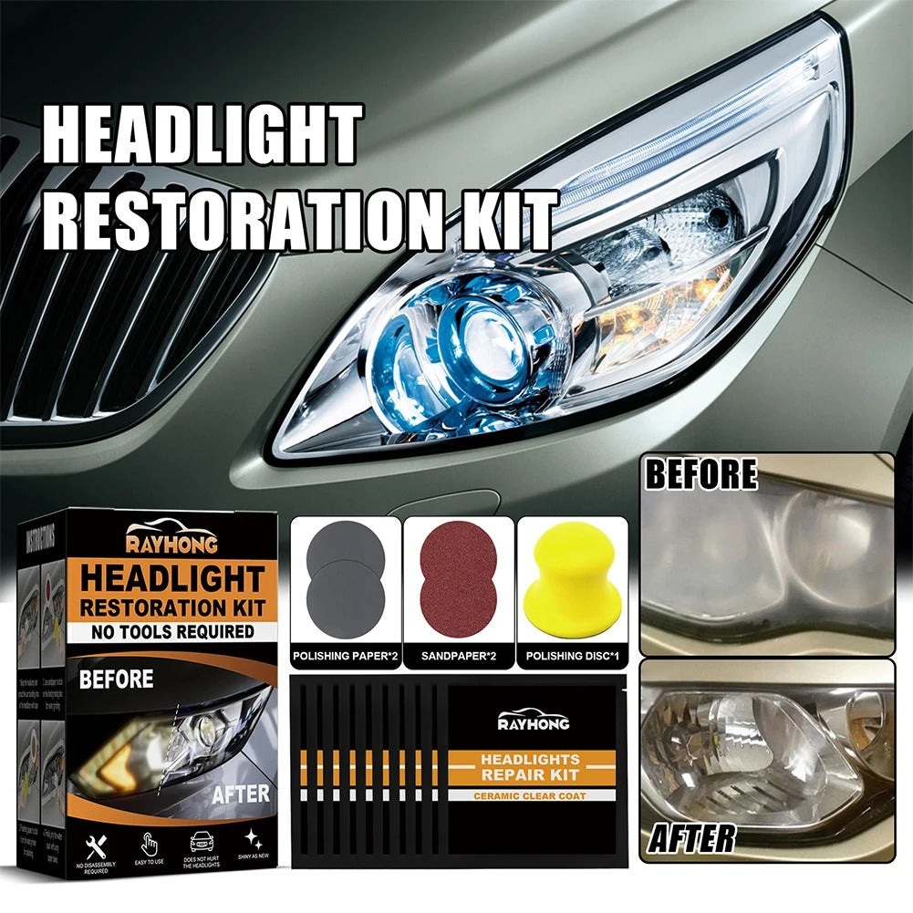 💡🔥 Headlight Restoration Kit - 5-Minute Fix! | Ceramic Shield⚡Yellow Haze Killer🌟【2-Year UV Guard】Scratch Remover for Headlight & Taillight - 3000Lumen Recovery Magic (Pro-Grade Sanding Pads)