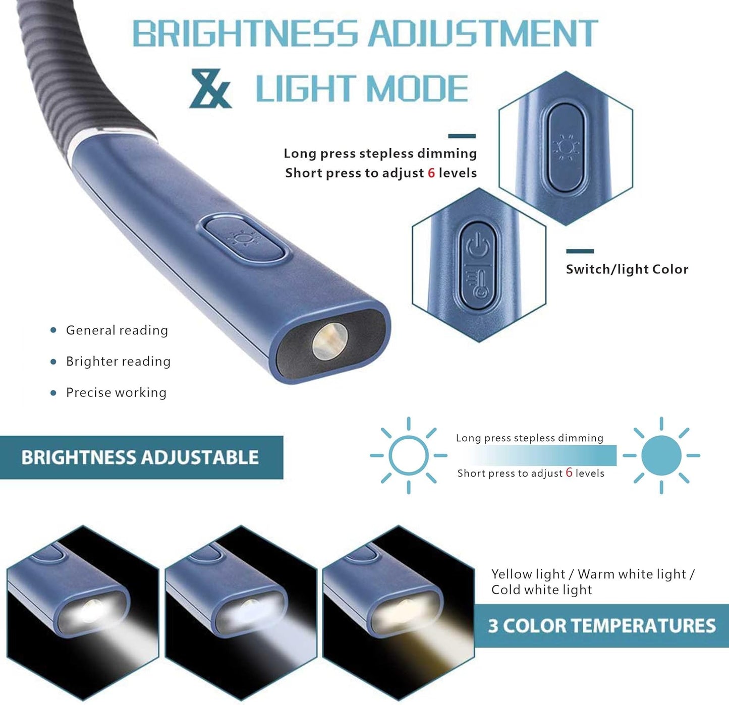 💡Smart Book Light Beast🔥 3-Color Mood Magic✨ 80Hr Bendable Neck⚡ Camping/Bed/Repair Master🌙 Perfect Gift for Book Lovers | TikTok's #1 Reading Hack (Blue)