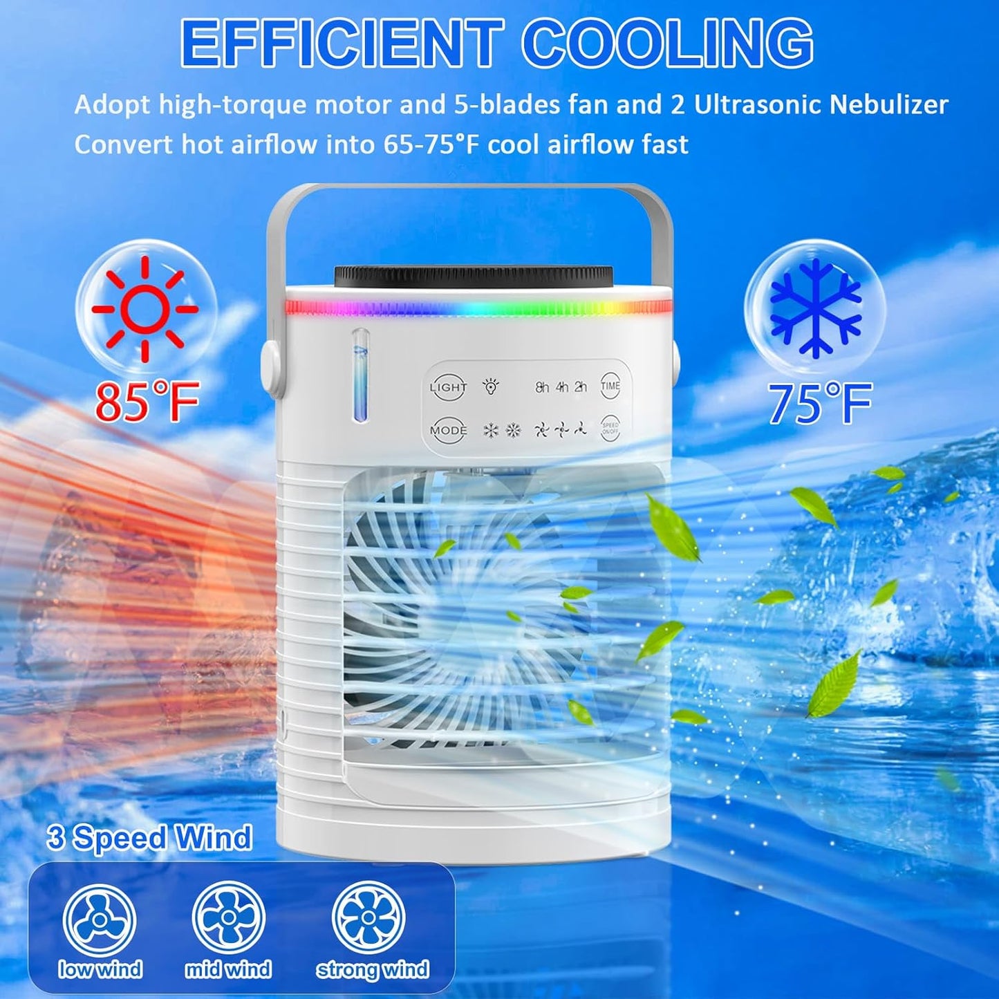 ❄️3D Ice-Cool Tech Portable AC🔥 3-Speed Desk Fan + 7-Color Mood Light✨ Car/Camping Mini Air Cooler with Mist & Timer | TikTok Viral Summer Must-Have