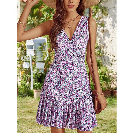 🔥Breezy & Flirty! V-Neck Wrap Dress w/ Deep Cutout✨ Sexy Beach Dress for Women💃 Summer Mini Dress | Floral Sundress TikTok Viral