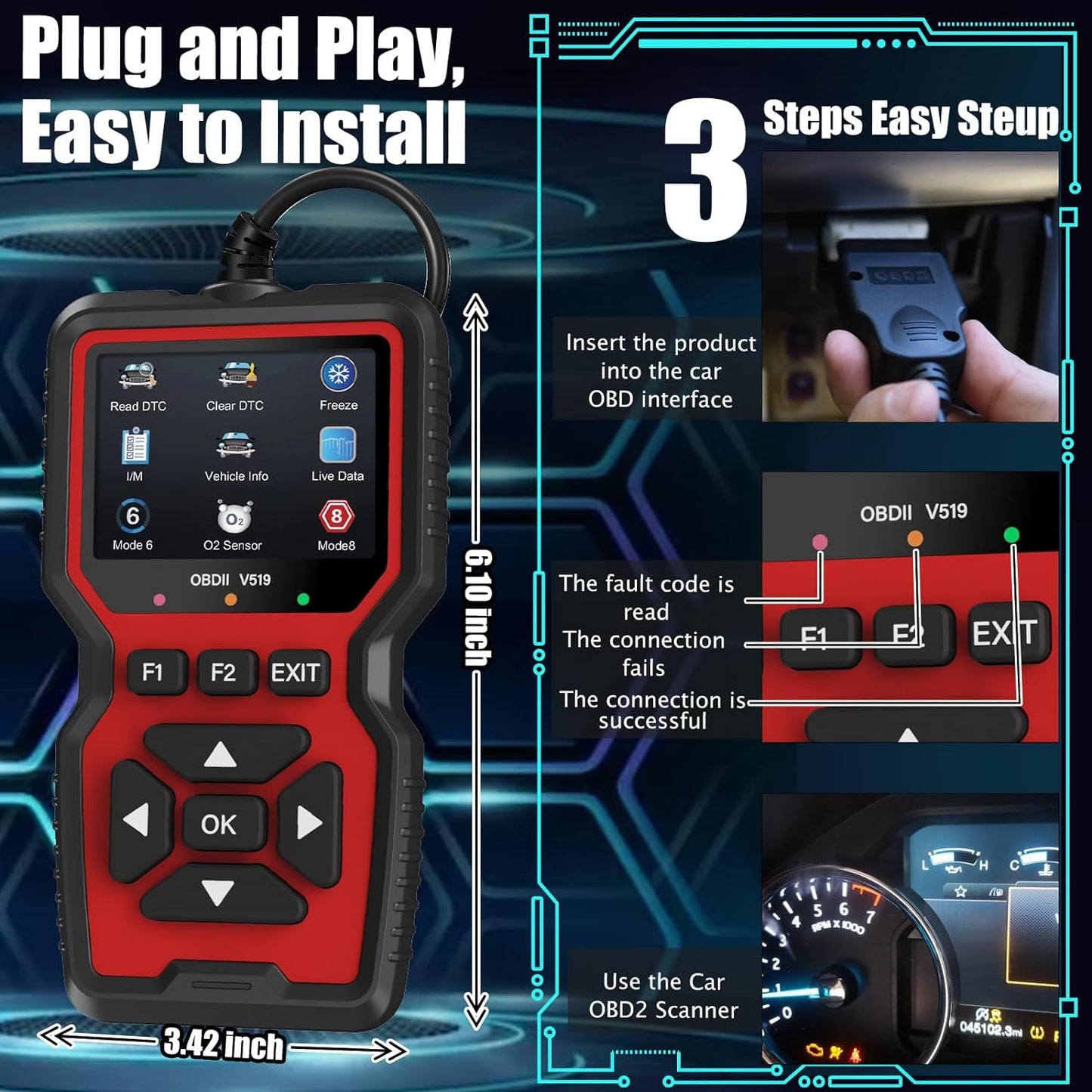 🔧 OBD2 Scanner with Mode 6/8 & I/M Readiness | 1996+ Cars⚡Engine Light Reset⚡【Pro Diagnostic Kit】Code Reader for All OBDII Vehicles - Live Data & 0.5s Response