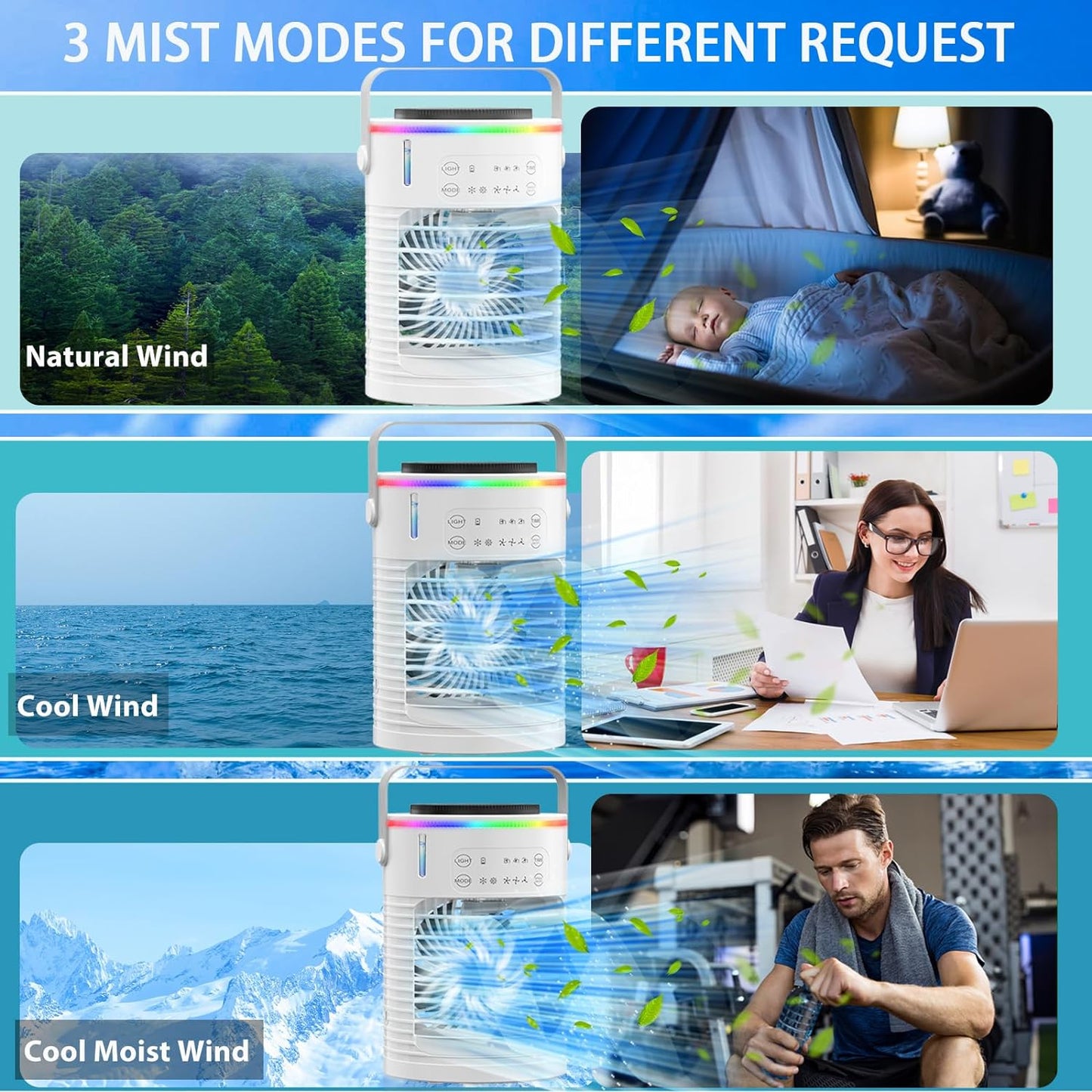 ❄️3D Ice-Cool Tech Portable AC🔥 3-Speed Desk Fan + 7-Color Mood Light✨ Car/Camping Mini Air Cooler with Mist & Timer | TikTok Viral Summer Must-Have
