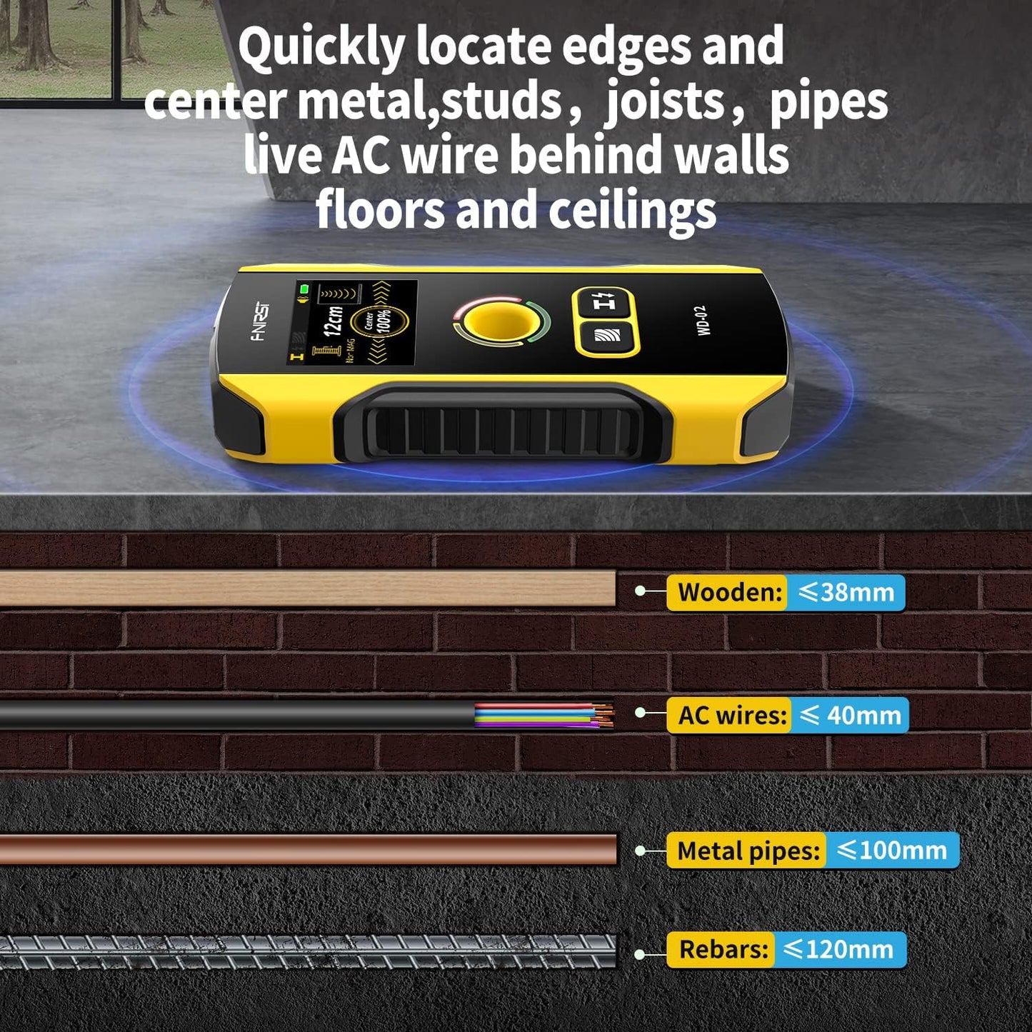 🔥🔍 Stud Finder Wall Scanner with TFT Display | FNIRSI WD-02 Upgrade⚡7-in-1 HPC Chip Detection🌟Wood/Metal/AC Wire Locator【Pro Accuracy + Center/Edge Guide】