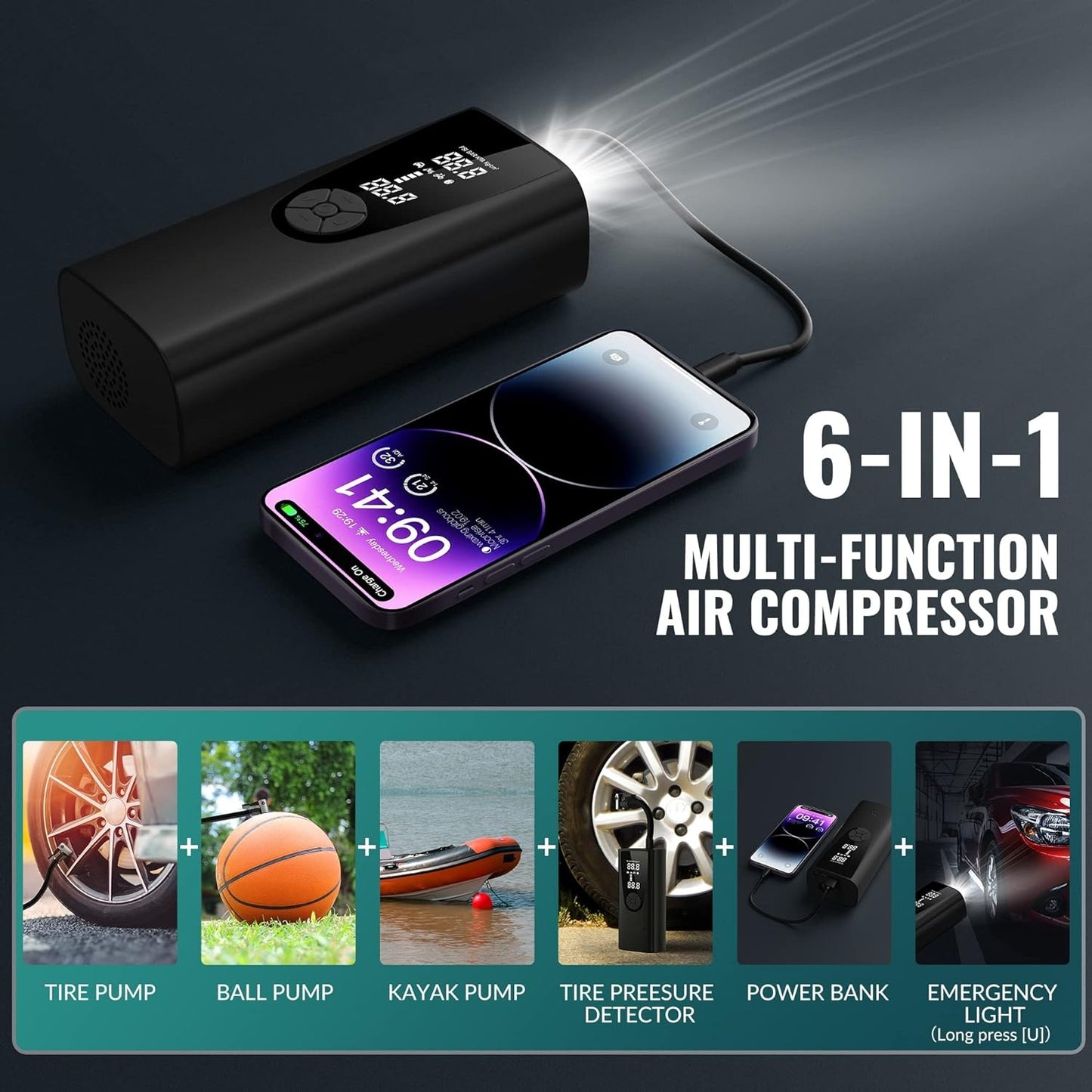 🔥Cordless Tire Inflator Portable Air Compressor 150 PSI | 10000mAh Upgrade⚡3X Faster Inflation🌟Emergency Light & Pressure Gauge【Car/Bike/Ball Pump】Cordless Tire Inflator for Motorcycle