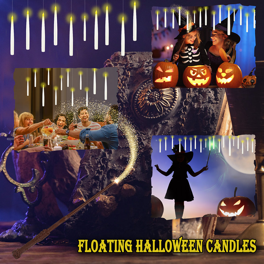 Floating Candles with Wand 12 PCs Magic Hanging Candles Flickering Warm Light Flameless Floating LED Candle Halloween Decoration