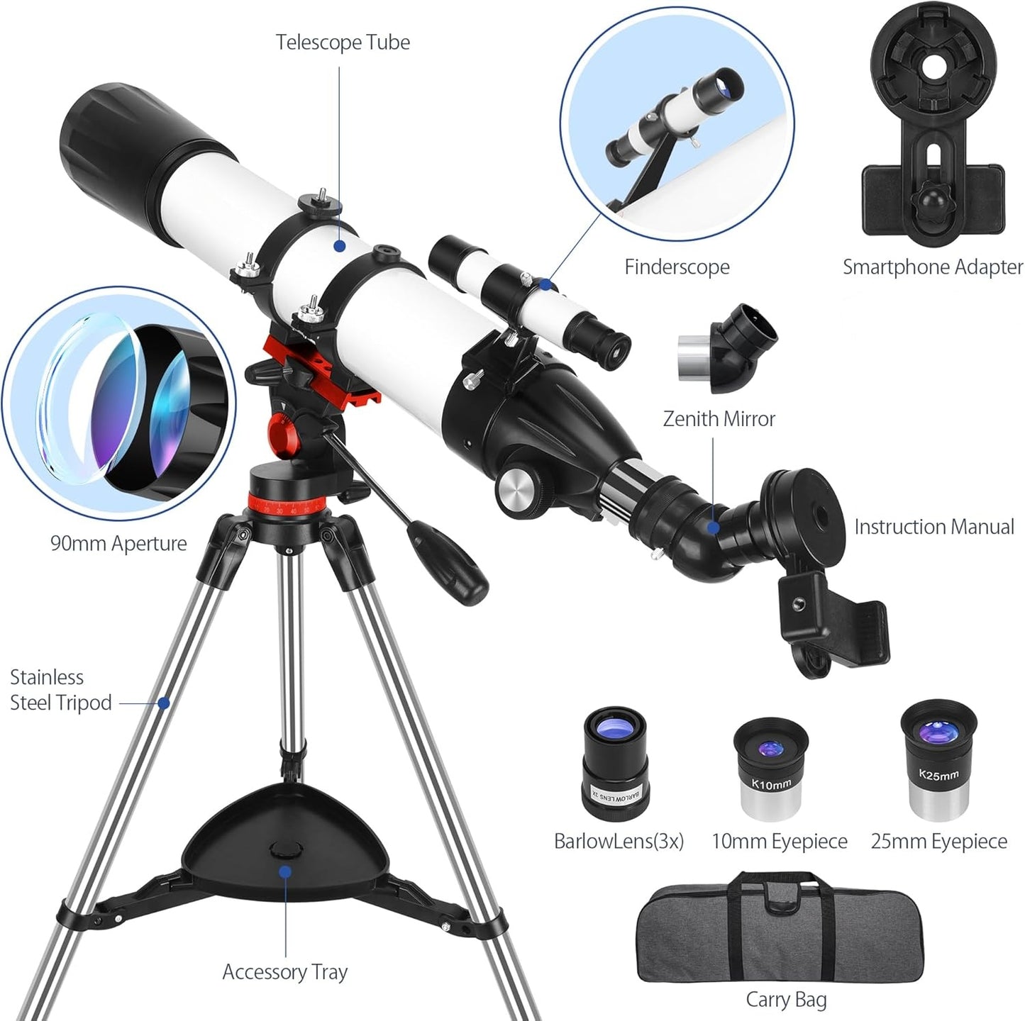 🔭🌌 90mm Aperture 800mm Refractor Telescope | High-Powered Astronomy for Adults, Kids & Beginners | Multi-Coated Optics + Phone Adapter & Carry Bag 🌟 #StargazingTech #AstronomyGear