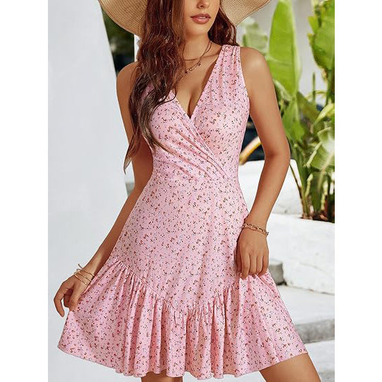 🔥Breezy & Flirty! V-Neck Wrap Dress w/ Deep Cutout✨ Sexy Beach Dress for Women💃 Summer Mini Dress | Floral Sundress TikTok Viral