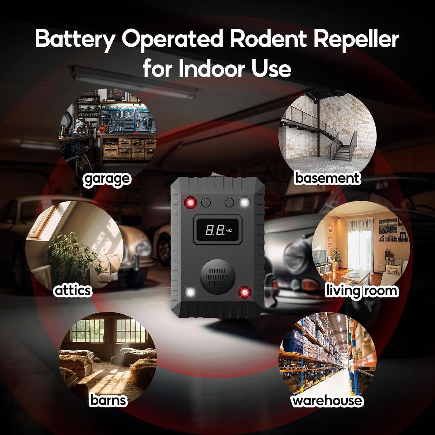 🐭🔥 Ultrasonic Mouse Repeller with 8 LED Strobe | 12V/5V Smart Power⚡【Auto/House/Warehouse Pro】Intelligent Start-Stop Ultrasound Alarm - 360° Pest-Free Zone Creator