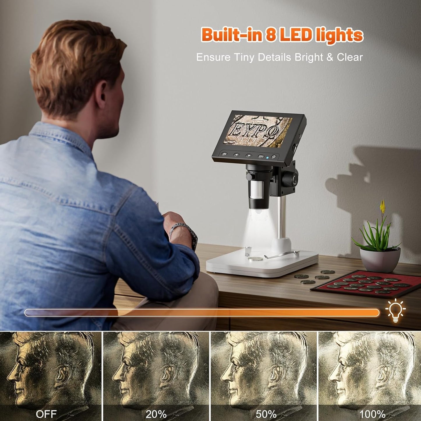 🔍 1000X Digital Coin Microscope with 4.3" LCD | 8X Brighter LEDs⚡PC View for Windows/Mac🌟【Pro Collector's Kit】EDM4 Magnifier for Error Coins & Electronics Repair