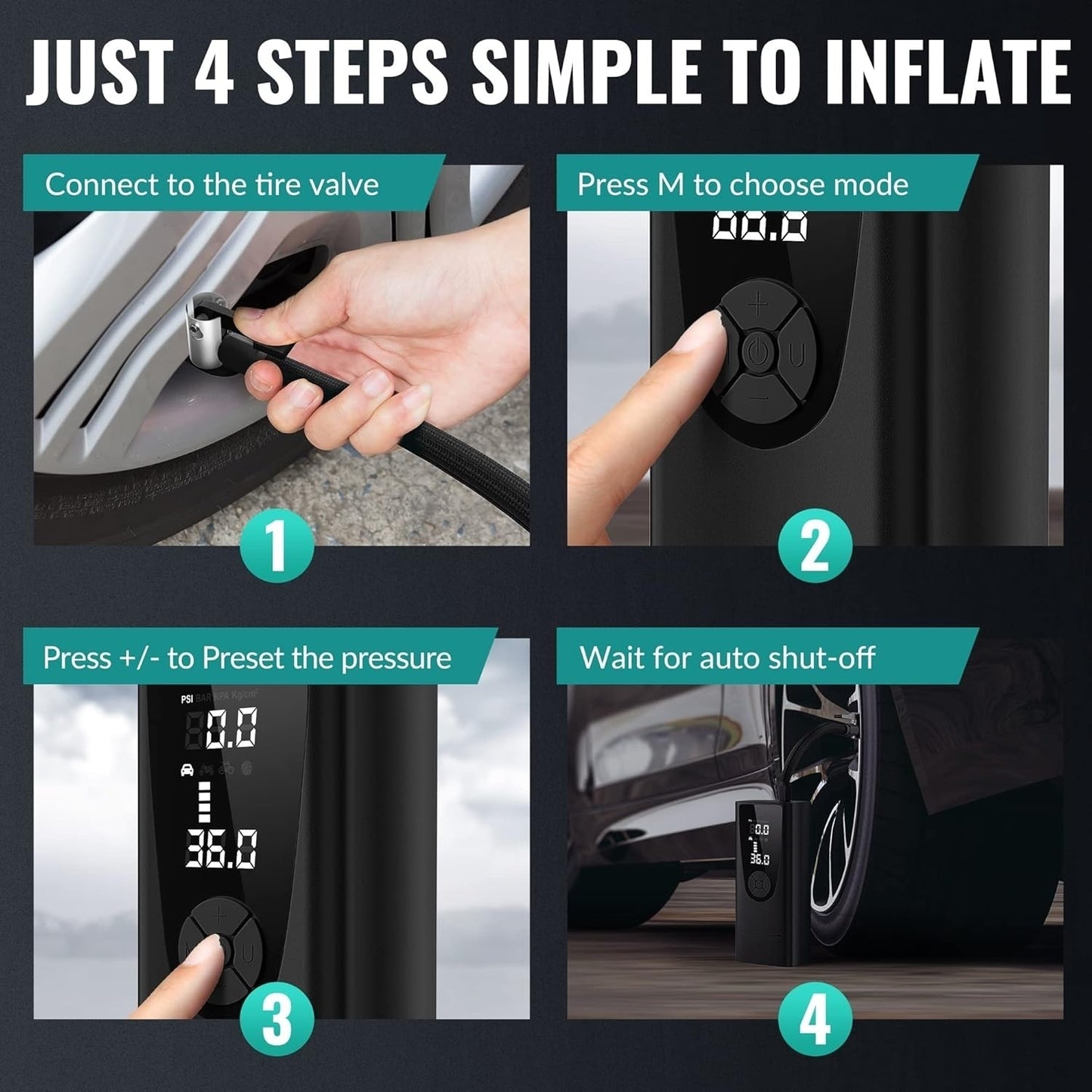 🔥Cordless Tire Inflator Portable Air Compressor 150 PSI | 10000mAh Upgrade⚡3X Faster Inflation🌟Emergency Light & Pressure Gauge【Car/Bike/Ball Pump】Cordless Tire Inflator for Motorcycle