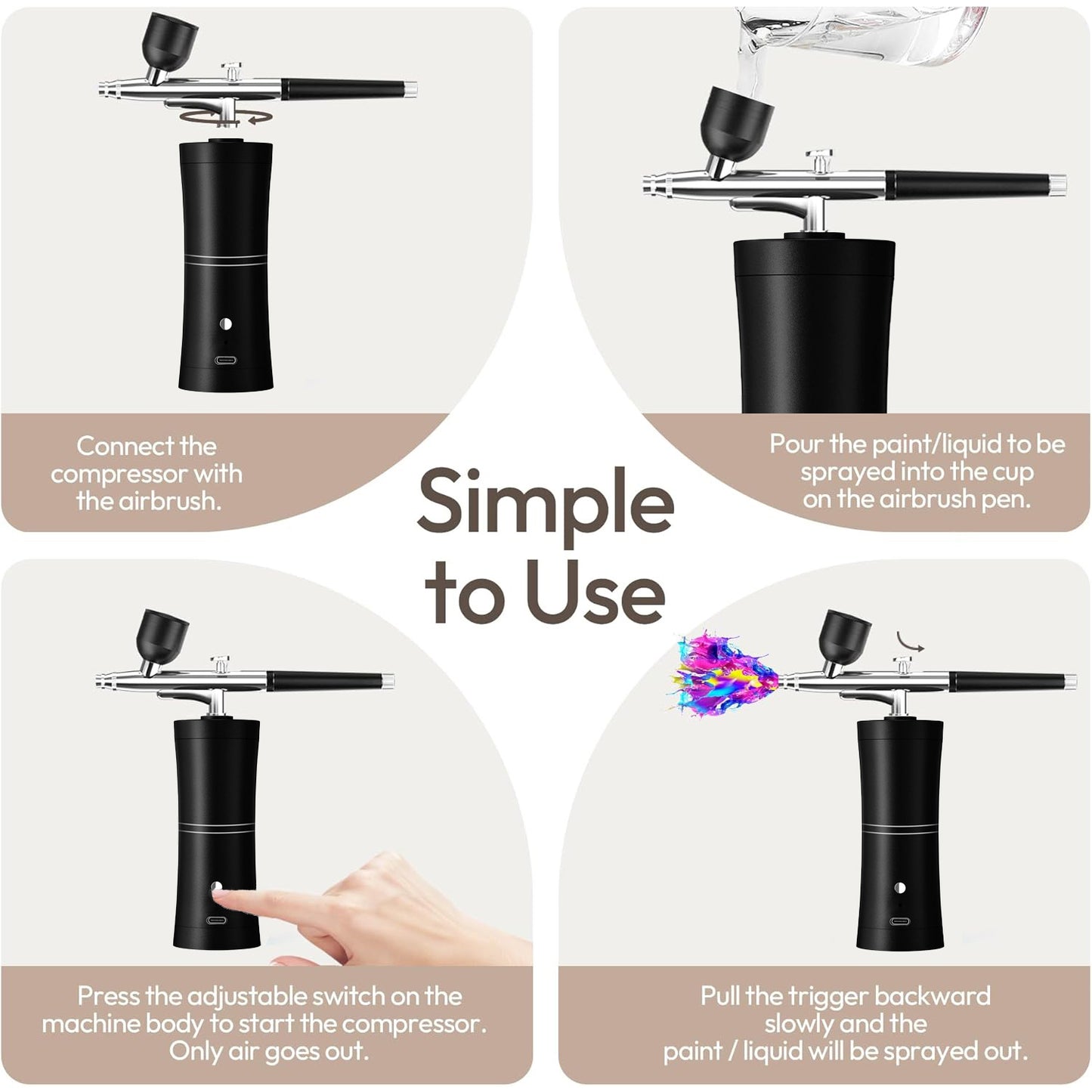 🎨🔥 Rechargeable Cordless Airbrush Kit 30PSI | 10-in-1 Pro Spray Gun⚡60 Min Runtime🌟【Nails/Cake/Barber】Portable Compressor for Makeup, Painting, Cookie Decor (Black)