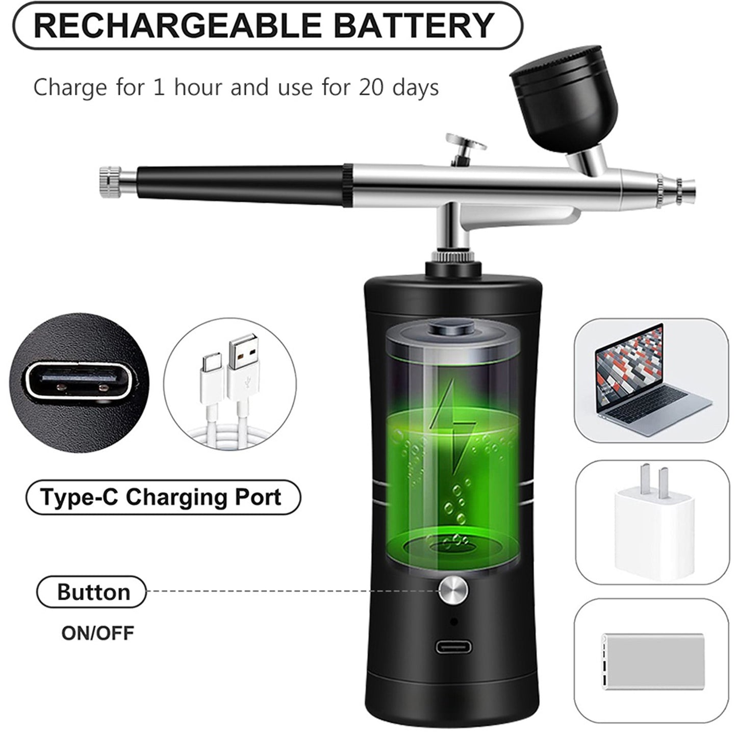🎨🔥 Rechargeable Cordless Airbrush Kit 30PSI | 10-in-1 Pro Spray Gun⚡60 Min Runtime🌟【Nails/Cake/Barber】Portable Compressor for Makeup, Painting, Cookie Decor (Black)
