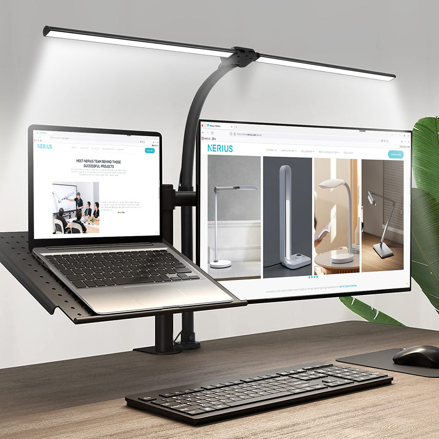 💡🔥 Double Head LED Desk Lamp with Remote Control | 24W Ultra Bright⚡Clamp & Gooseneck🌟【Pro Study/Gaming Mode】Dimmable Office Lighting - Adjustable Black Table Lamp for Home Office