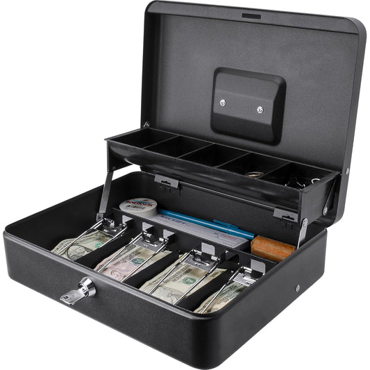 🔒🔥 Heavy-Duty Metal Cash Lock Box with Anti-Theft Design | 12" Secure Key Lock⚡Bank-Grade Steel🌟【Retail/Home/Events】Money Organizer for Bills/Coins - 800+ Bills Capacity