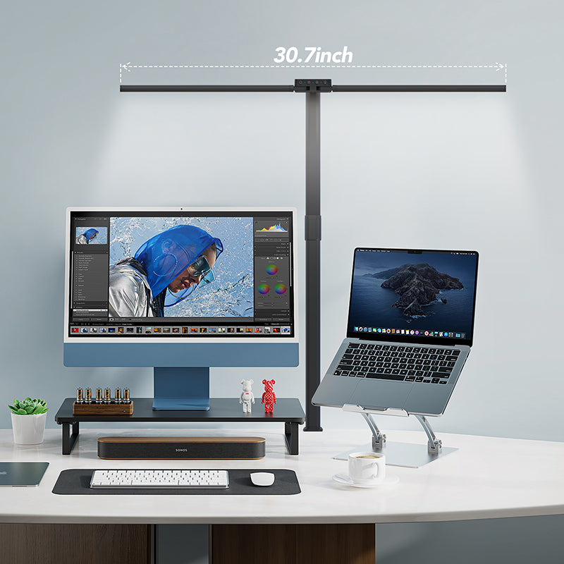 💡🔥 Dual Head LED Desk Lamp with USB Charger | 24W Ultra Bright⚡Remote Control🌟【Pro Study/Gaming Mode】Clamp & Gooseneck Adjustable - 10-Level Dimmable Office Lighting (Black)