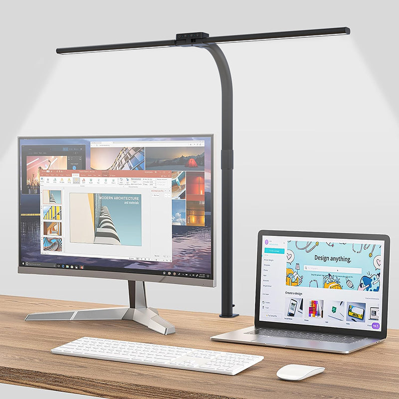 💡🔥 Dual Head LED Desk Lamp with USB Charger | 24W Ultra Bright⚡Remote Control🌟【Pro Study/Gaming Mode】Clamp & Gooseneck Adjustable - 10-Level Dimmable Office Lighting (Black)