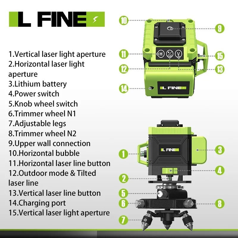 🌟 8/12/16 Line Laser Level with 360° Auto-Leveling | 4s Precision⚡Horizontal/Vertical Cross【Home & Construction Essential】LFINE Nivel Laser Tool for Wall Tiling & Framing