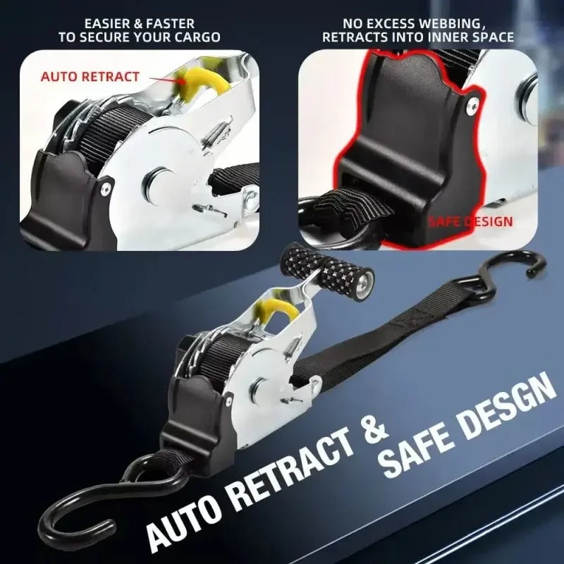 🔥 2pcs Retractable Ratchet Straps Auto-Lock | 2秒收缩⚡【Motorcycle & Luggage Pro】Heavy-Duty Elastic Belts for Bikes/Camping Gear/Cargo - 300LB Capacity (No-Tangle Design)