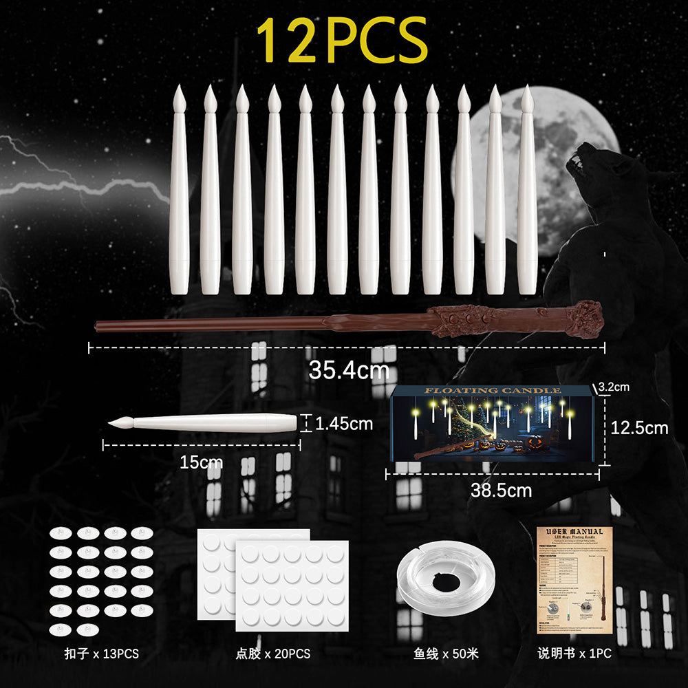Floating Candles with Wand 12 PCs Magic Hanging Candles Flickering Warm Light Flameless Floating LED Candle Halloween Decoration