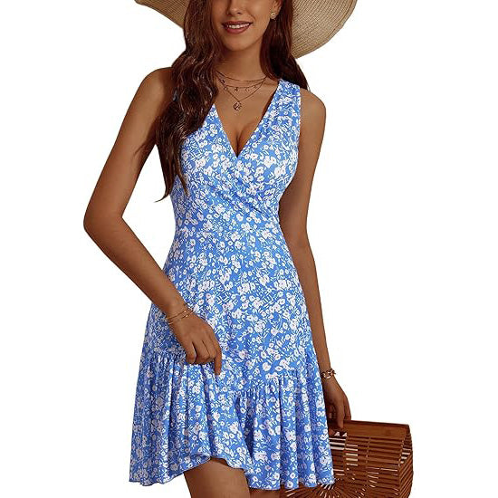 🔥Breezy & Flirty! V-Neck Wrap Dress w/ Deep Cutout✨ Sexy Beach Dress for Women💃 Summer Mini Dress | Floral Sundress TikTok Viral