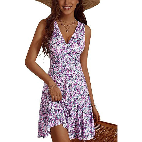 🔥Breezy & Flirty! V-Neck Wrap Dress w/ Deep Cutout✨ Sexy Beach Dress for Women💃 Summer Mini Dress | Floral Sundress TikTok Viral